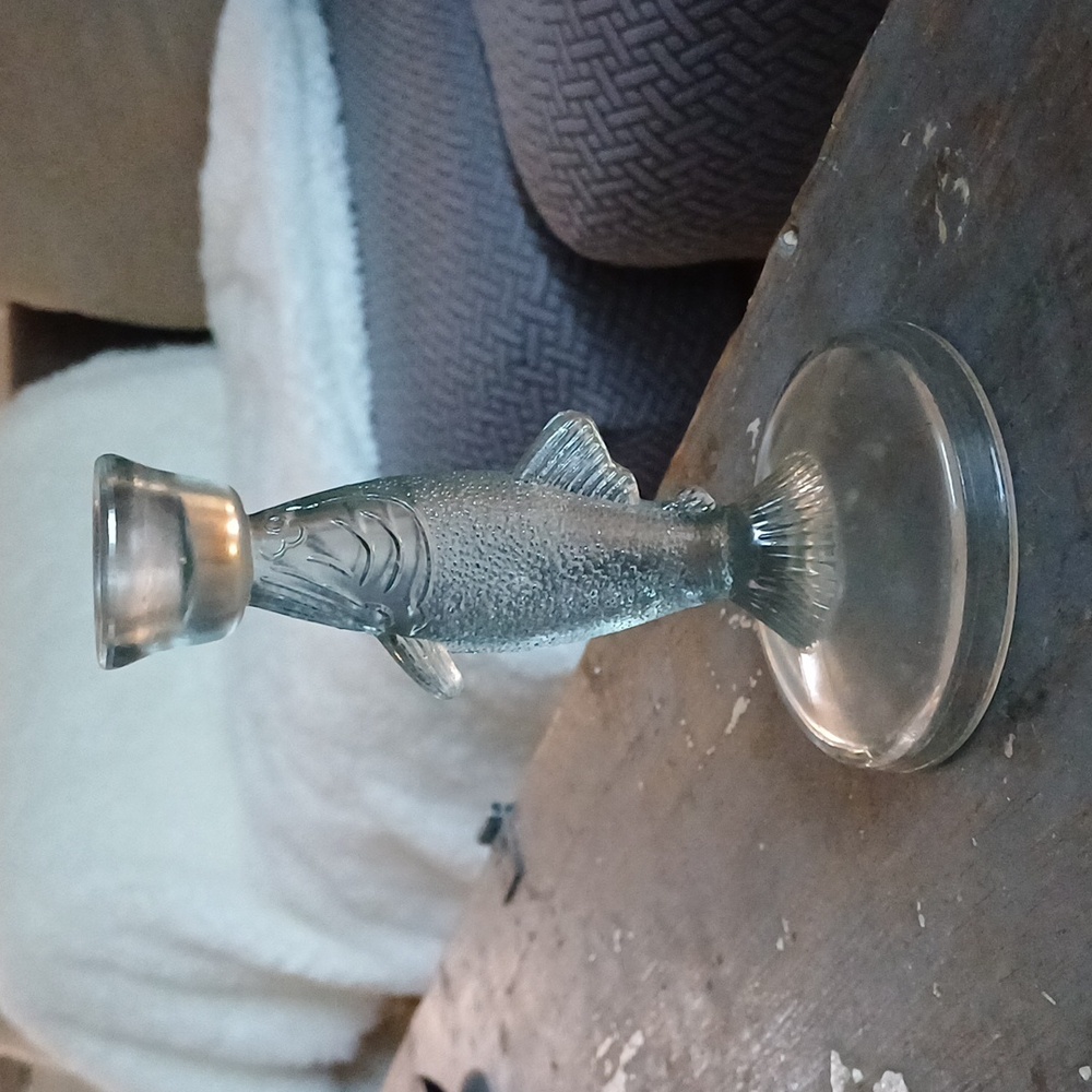Pressed glass vintage figural fish candlestick holder 7"